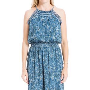 Max Studio maxi dress floral shirred waist ruffle flutter sleeves size L summer